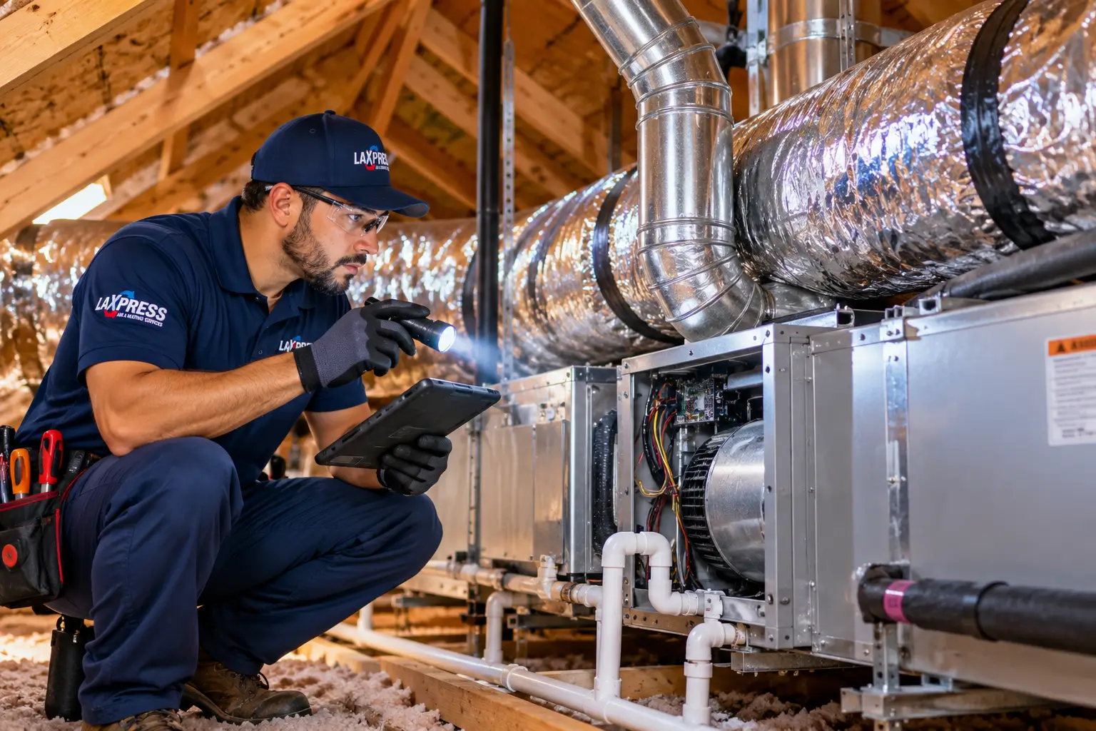 LAXpress HVAC technician servicing heating and air conditioning equipment in a Los Angeles attic
